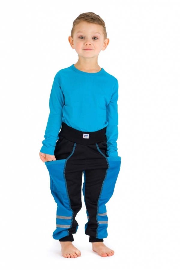 Detské softshellové nohavice čierne, svetlo modré vrecká (9992)