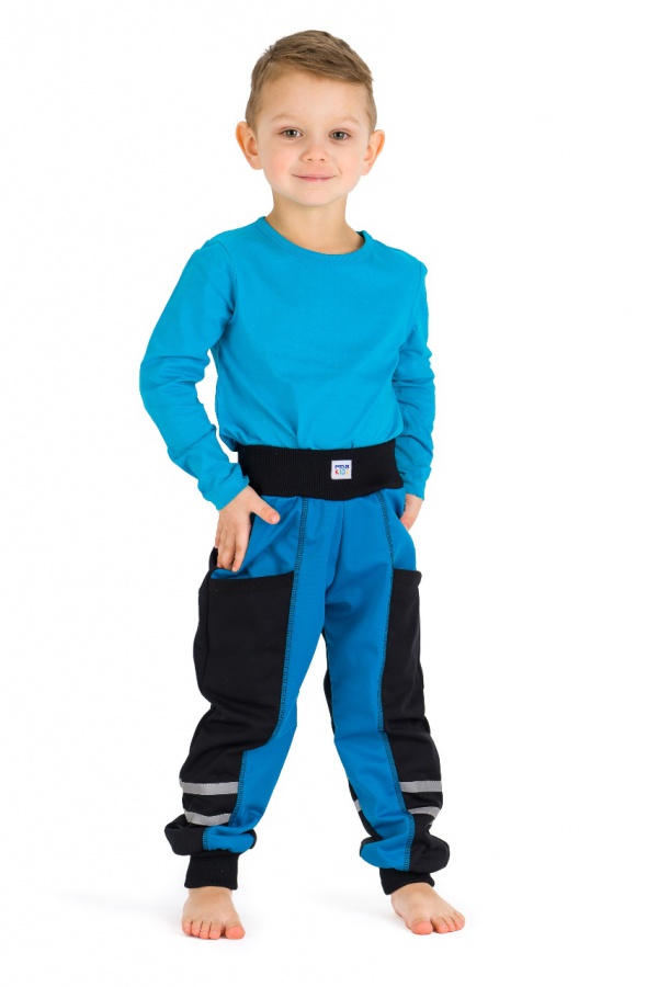 Detské softshellové nohavice svetlo modré, čierne vrecká (9929)